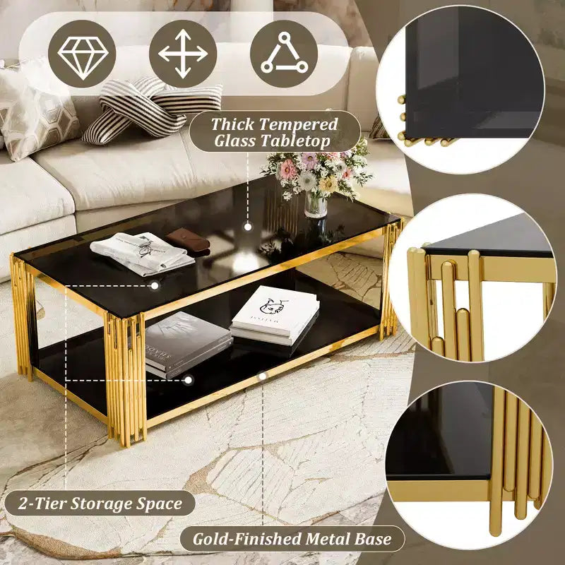Couchtisch aus Glas, Beistelltisch, Akzenttisch, Set aus Beistelltisch und Cocktailtisch mit goldenem Metallgestell, rund/quadratisch/rechteckig