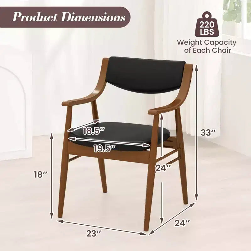 Ensemble de 2 chaises de salle à manger en similicuir avec assise rembourrée, accoudoirs et dossier, cadre en bois d’hévéa, noir et marron