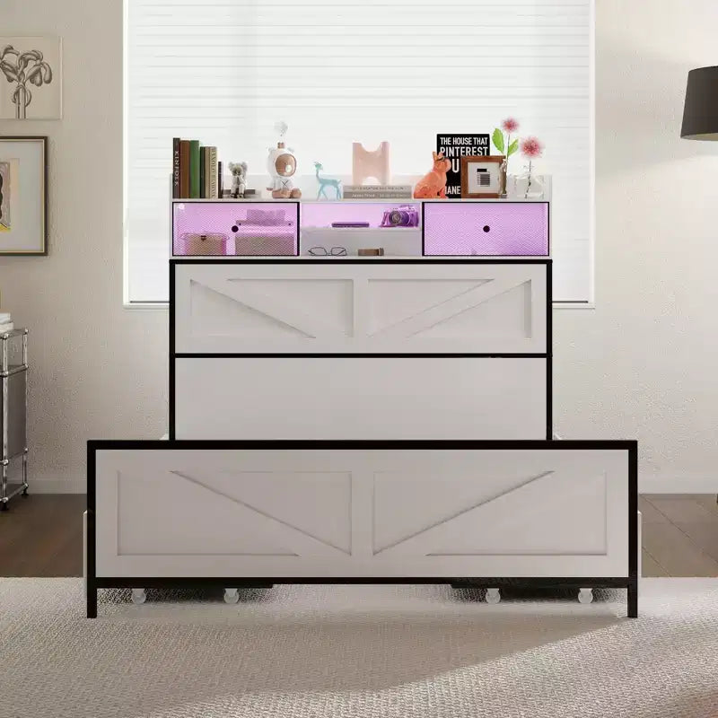 Estructura de cama contemporánea blanca tamaño queen: iluminación ajustable y amplio cajón bajo la cama para almacenamiento, para un descanso estable y acogedor
