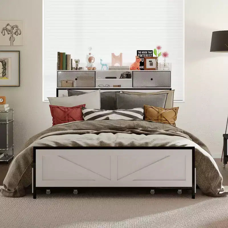Estructura de cama contemporánea blanca tamaño queen: iluminación ajustable y amplio cajón bajo la cama para almacenamiento, para un descanso estable y acogedor