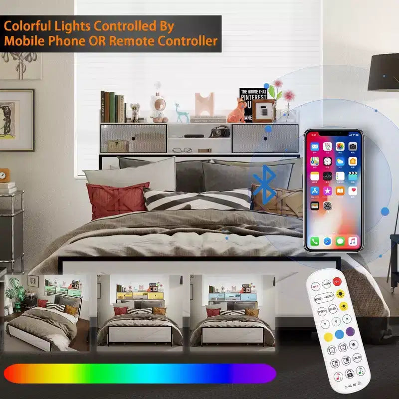 Estructura de cama contemporánea blanca tamaño queen: iluminación ajustable y amplio cajón bajo la cama para almacenamiento, para un descanso estable y acogedor