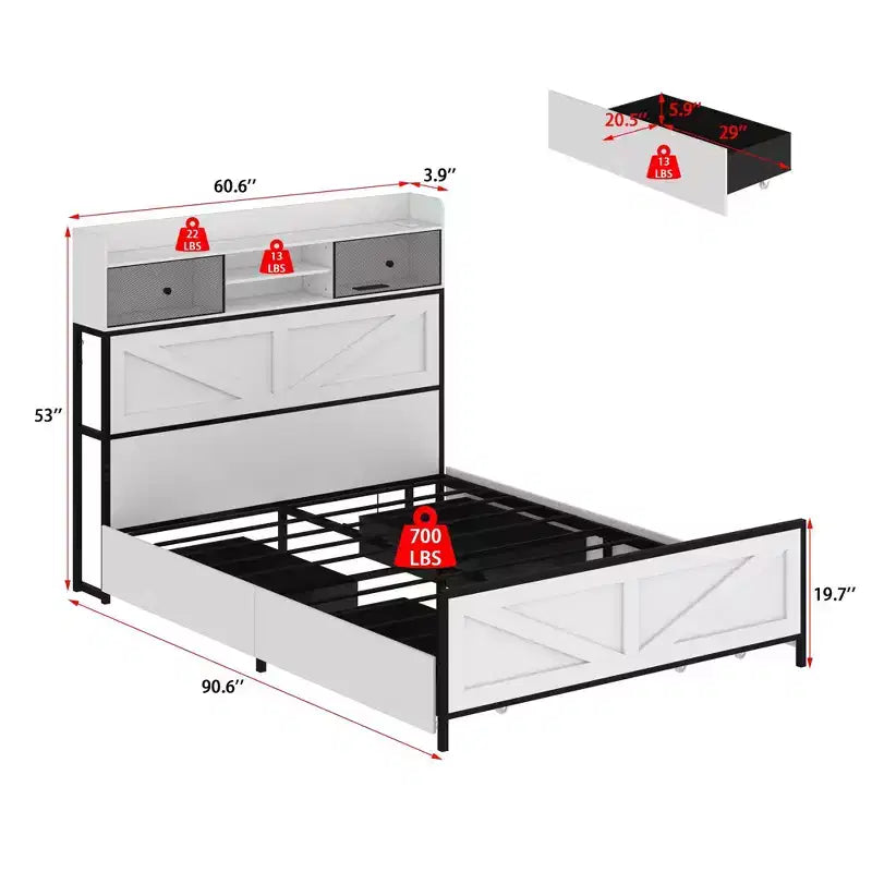 Estructura de cama contemporánea blanca tamaño queen: iluminación ajustable y amplio cajón bajo la cama para almacenamiento, para un descanso estable y acogedor
