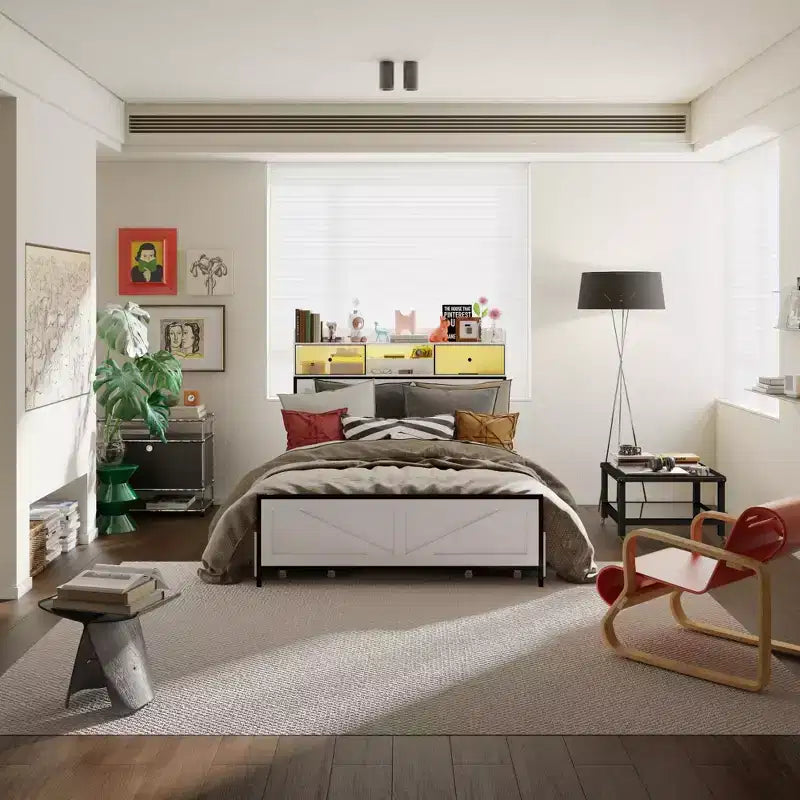 Estructura de cama contemporánea blanca tamaño queen: iluminación ajustable y amplio cajón bajo la cama para almacenamiento, para un descanso estable y acogedor