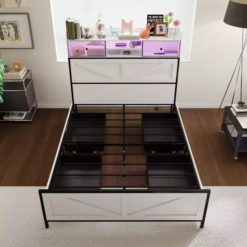 Estructura de cama contemporánea blanca tamaño queen: iluminación ajustable y amplio cajón bajo la cama para almacenamiento, para un descanso estable y acogedor