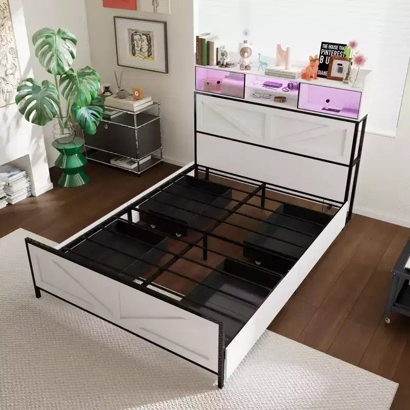 Estructura de cama contemporánea blanca tamaño queen: iluminación ajustable y amplio cajón bajo la cama para almacenamiento, para un descanso estable y acogedor