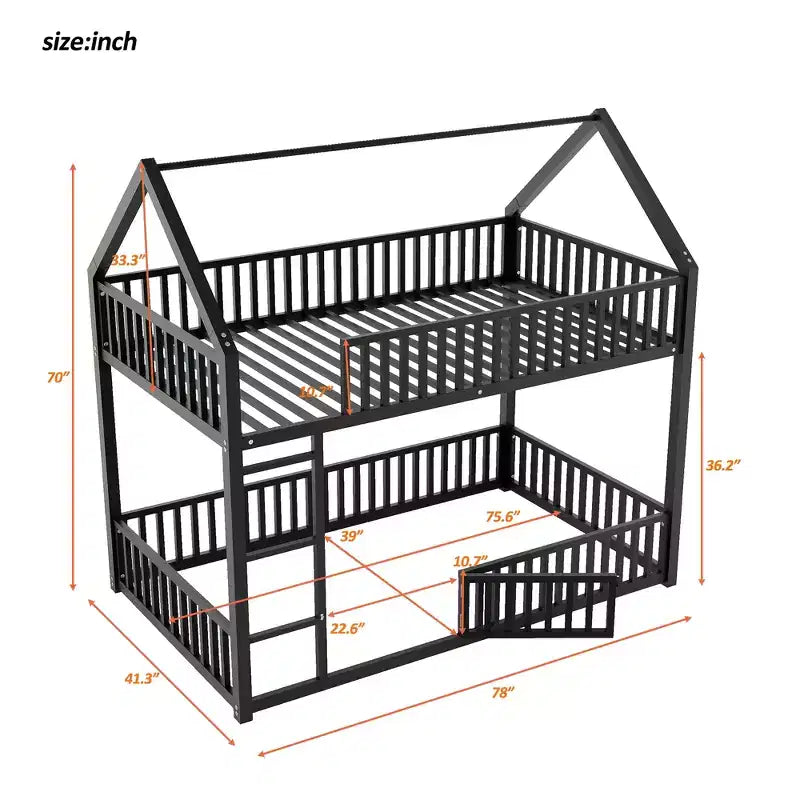 Lit superposé cabane en métal pour deux lits jumeaux, avec barrière et porte