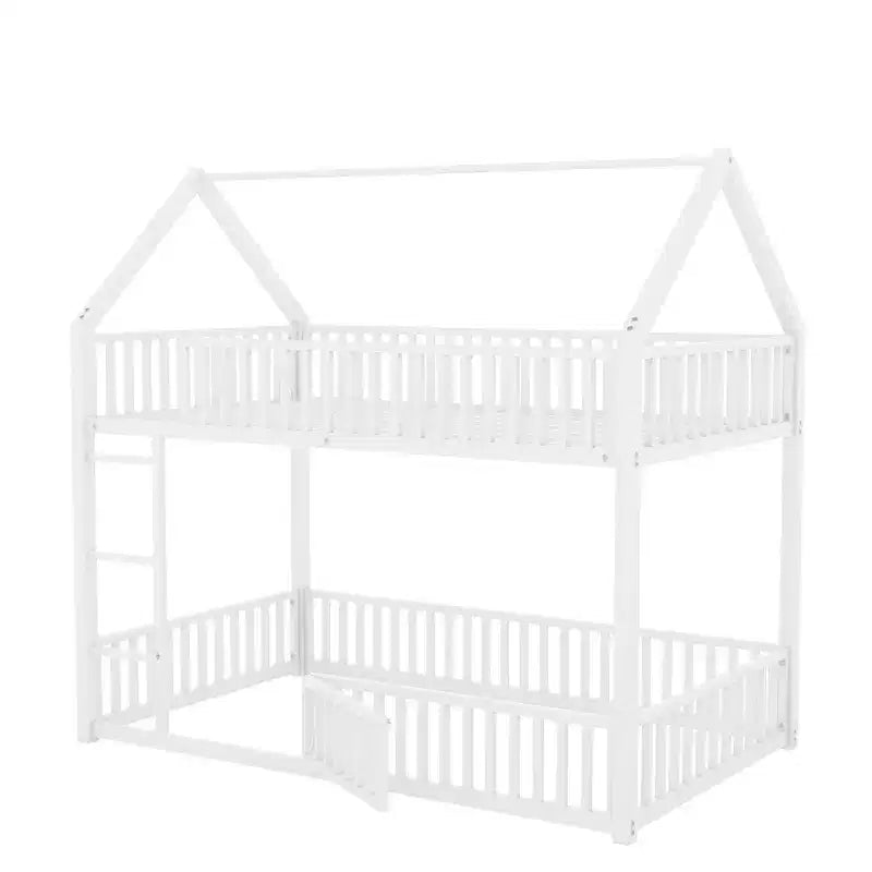 Lit superposé cabane en métal pour deux lits jumeaux, avec barrière et porte