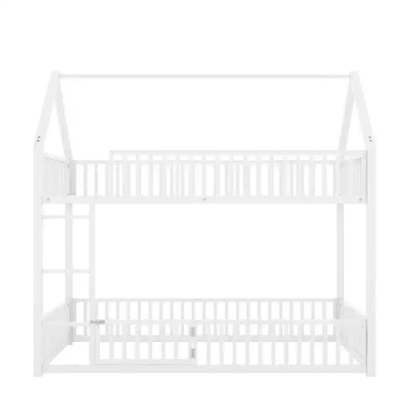 Lit superposé cabane en métal pour deux lits jumeaux, avec barrière et porte
