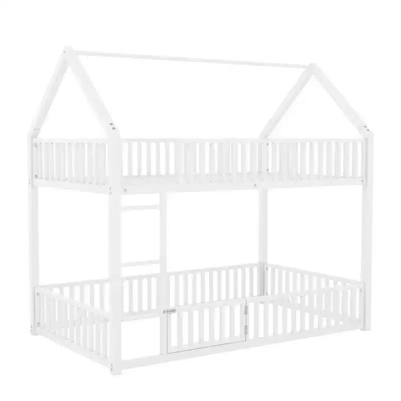 Lit superposé cabane en métal pour deux lits jumeaux, avec barrière et porte