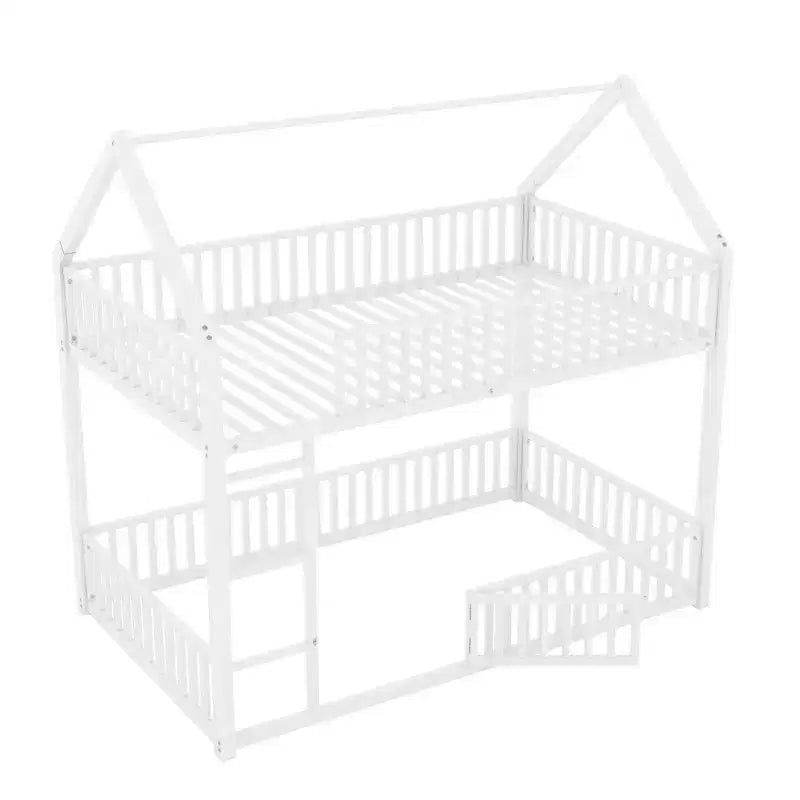 Lit superposé cabane en métal pour deux lits jumeaux, avec barrière et porte