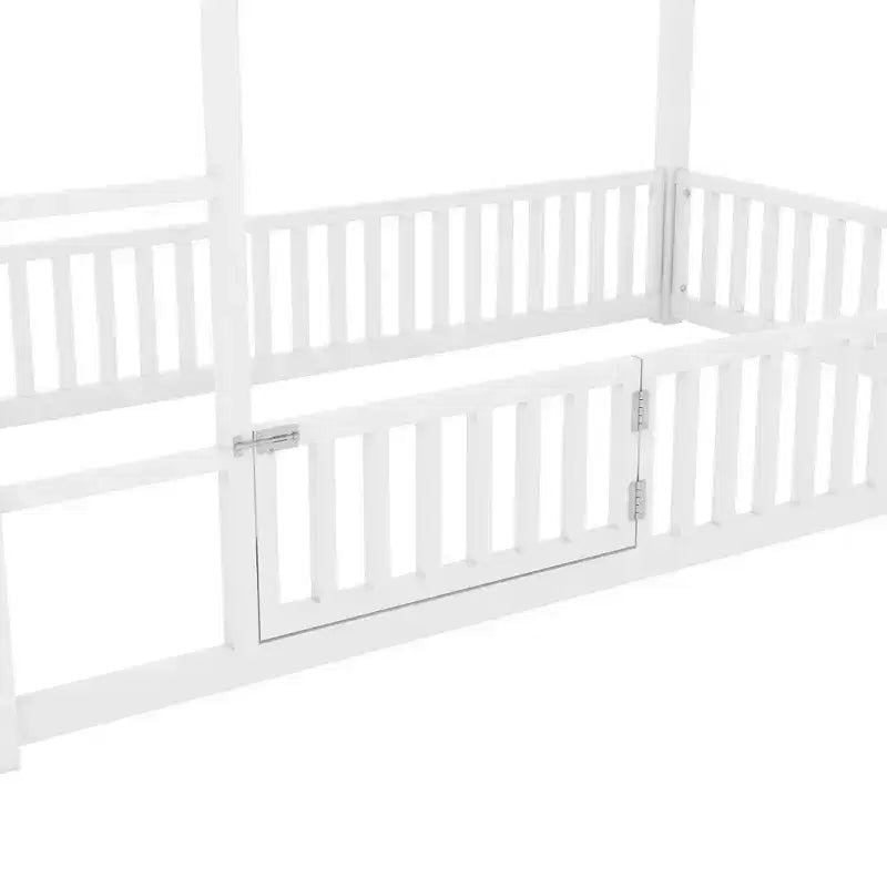Lit superposé cabane en métal pour deux lits jumeaux, avec barrière et porte