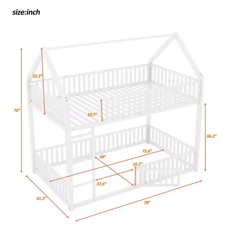 Lit superposé cabane en métal pour deux lits jumeaux, avec barrière et porte