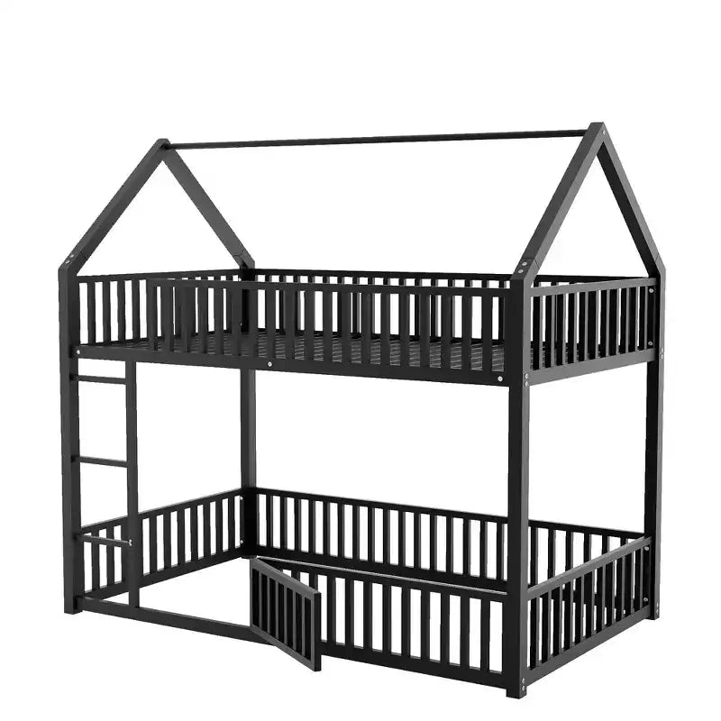 Lit superposé cabane en métal pour deux lits jumeaux, avec barrière et porte