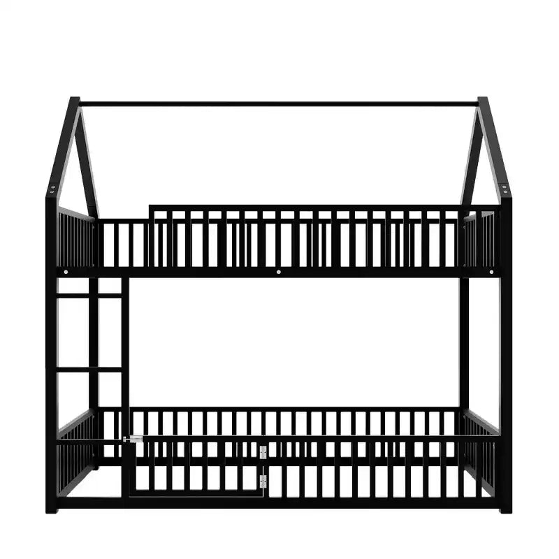 Lit superposé cabane en métal pour deux lits jumeaux, avec barrière et porte