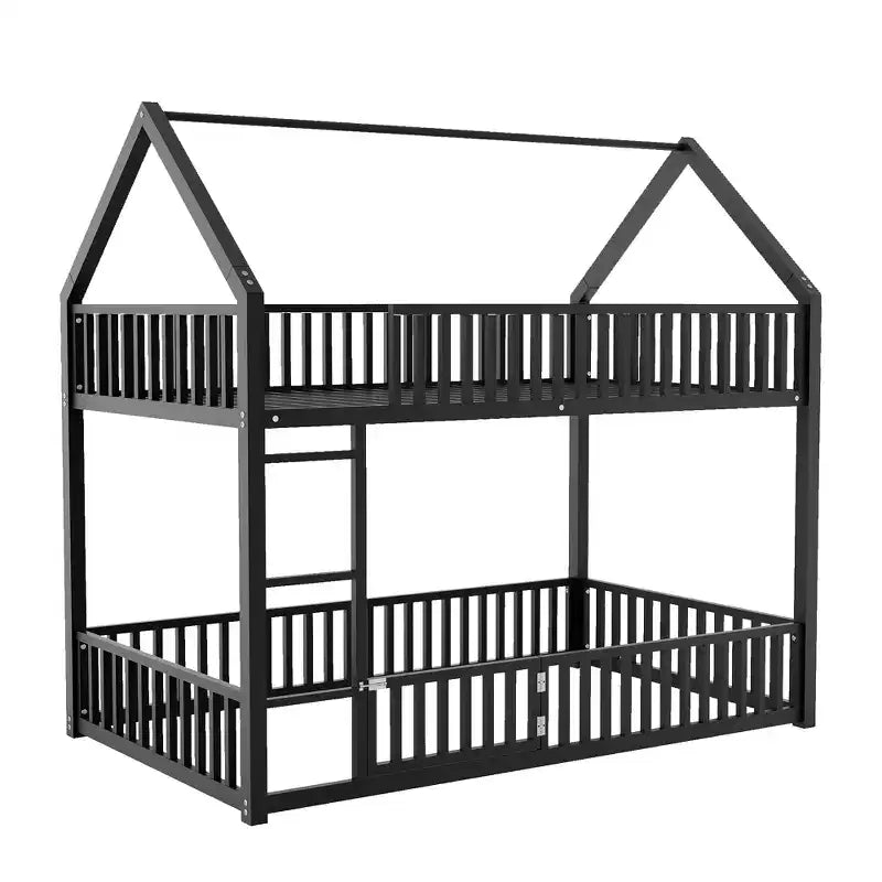 Lit superposé cabane en métal pour deux lits jumeaux, avec barrière et porte