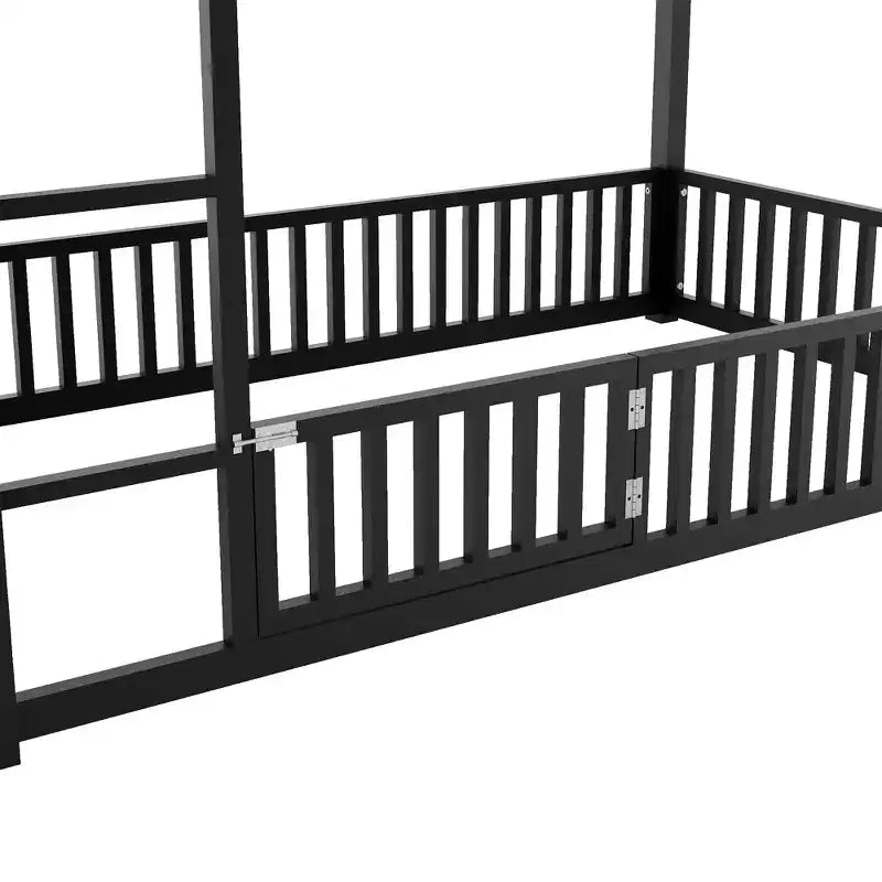 Lit superposé cabane en métal pour deux lits jumeaux, avec barrière et porte