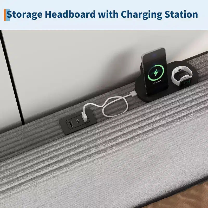 Cadre de lit une place avec station de recharge USB, cadre de lit plateforme rembourré en velours côtelé avec tête de lit de rangement réglable, soutien par lattes en bois