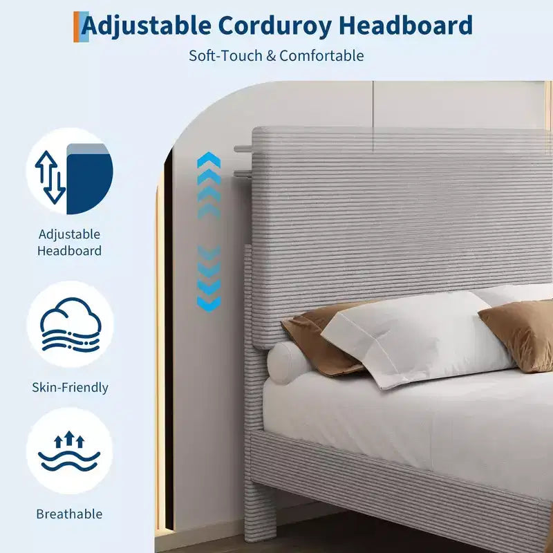 Cadre de lit une place avec station de recharge USB, cadre de lit plateforme rembourré en velours côtelé avec tête de lit de rangement réglable, soutien par lattes en bois