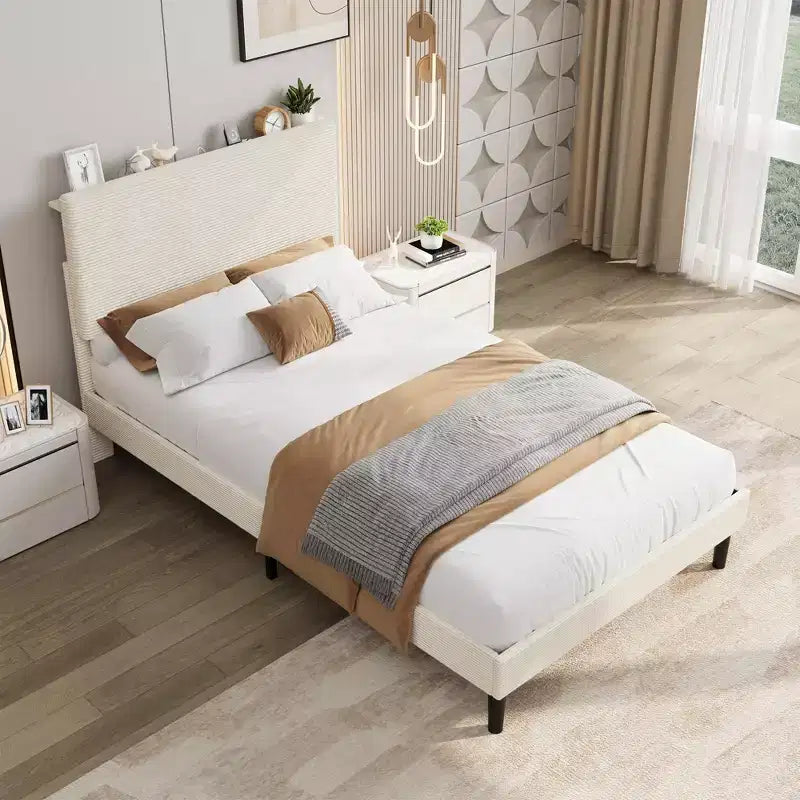 Cadre de lit une place avec station de recharge USB, cadre de lit plateforme rembourré en velours côtelé avec tête de lit de rangement réglable, soutien par lattes en bois