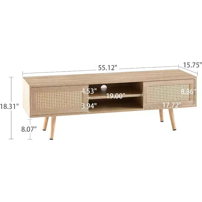 Mueble para TV con almacenamiento de doble puerta corrediza, estante ajustable y patas de madera maciza, consola para sala de estar