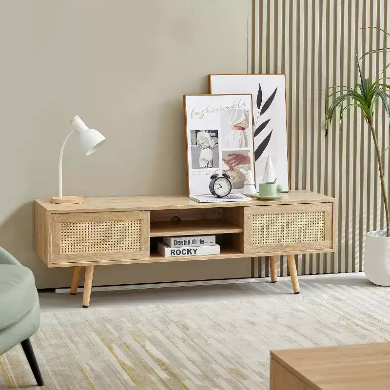 Mueble para TV con almacenamiento de doble puerta corrediza, estante ajustable y patas de madera maciza, consola para sala de estar