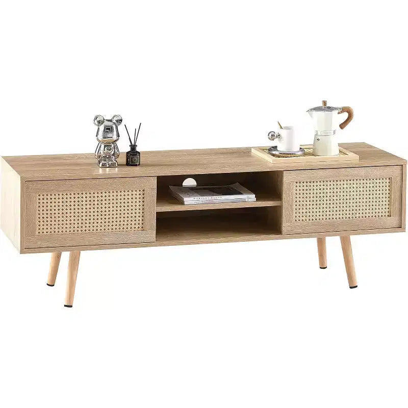 Mueble para TV con almacenamiento de doble puerta corrediza, estante ajustable y patas de madera maciza, consola para sala de estar