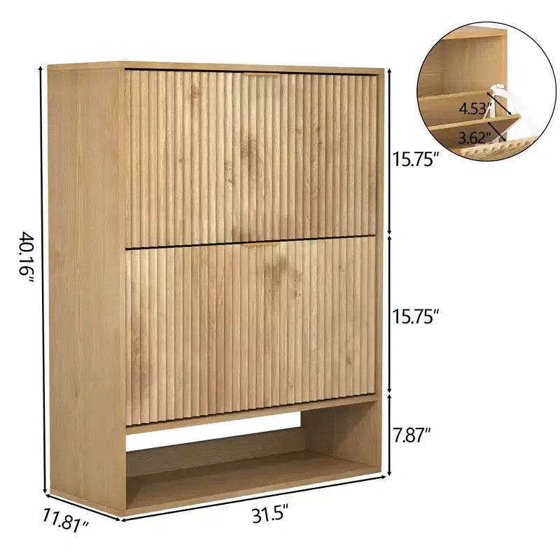 Schmaler Schuhschrank mit Rillenoptik, 2 Klappschubladen und unterem Ablagefach, versteckter Stauraum für Eingangsbereich, Flur und Kleiderschrank - freistehendes Schuhregal