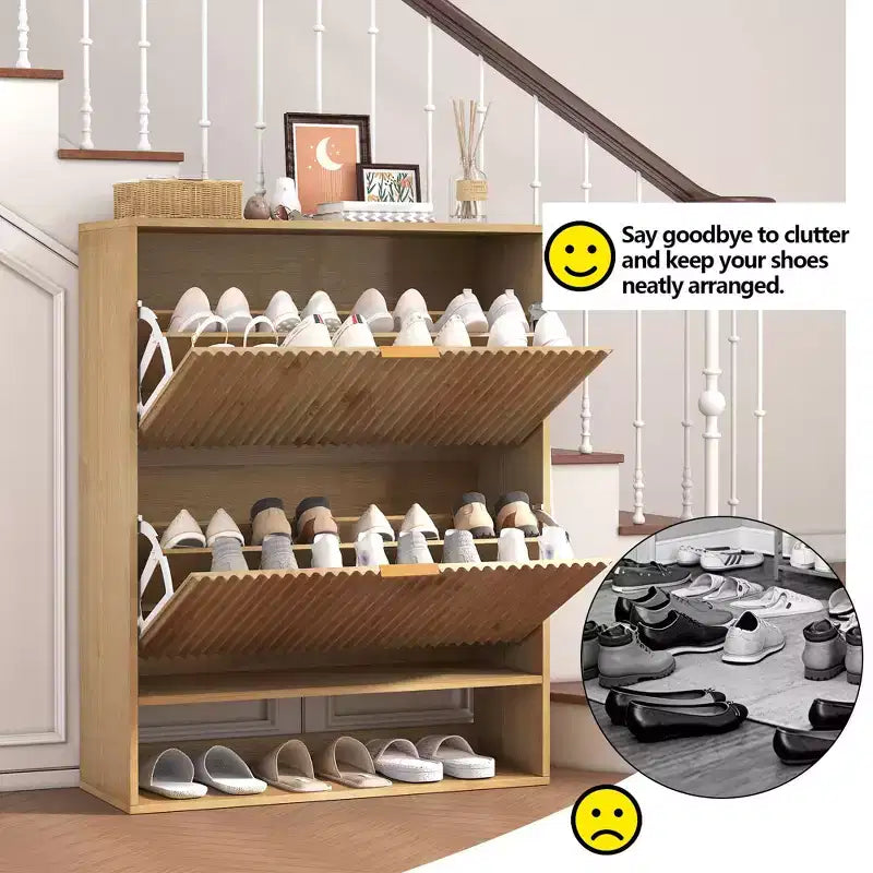 Schmaler Schuhschrank mit Rillenoptik, 2 Klappschubladen und unterem Ablagefach, versteckter Stauraum für Eingangsbereich, Flur und Kleiderschrank - freistehendes Schuhregal