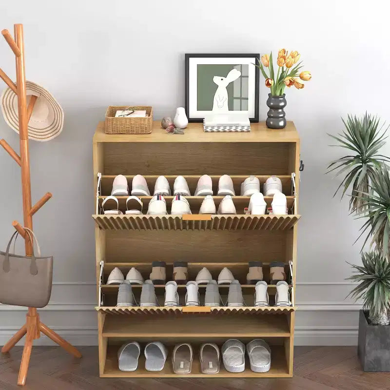 Schmaler Schuhschrank mit Rillenoptik, 2 Klappschubladen und unterem Ablagefach, versteckter Stauraum für Eingangsbereich, Flur und Kleiderschrank - freistehendes Schuhregal