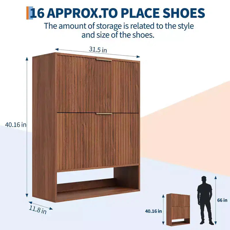 Schmaler Schuhschrank mit Rillenoptik, 2 Klappschubladen und unterem Ablagefach, versteckter Stauraum für Eingangsbereich, Flur und Kleiderschrank - freistehendes Schuhregal