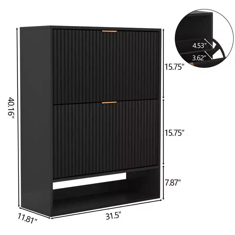 Schmaler Schuhschrank mit Rillenoptik, 2 Klappschubladen und unterem Ablagefach, versteckter Stauraum für Eingangsbereich, Flur und Kleiderschrank - freistehendes Schuhregal