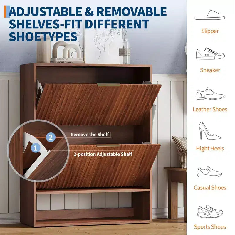 Schmaler Schuhschrank mit Rillenoptik, 2 Klappschubladen und unterem Ablagefach, versteckter Stauraum für Eingangsbereich, Flur und Kleiderschrank - freistehendes Schuhregal