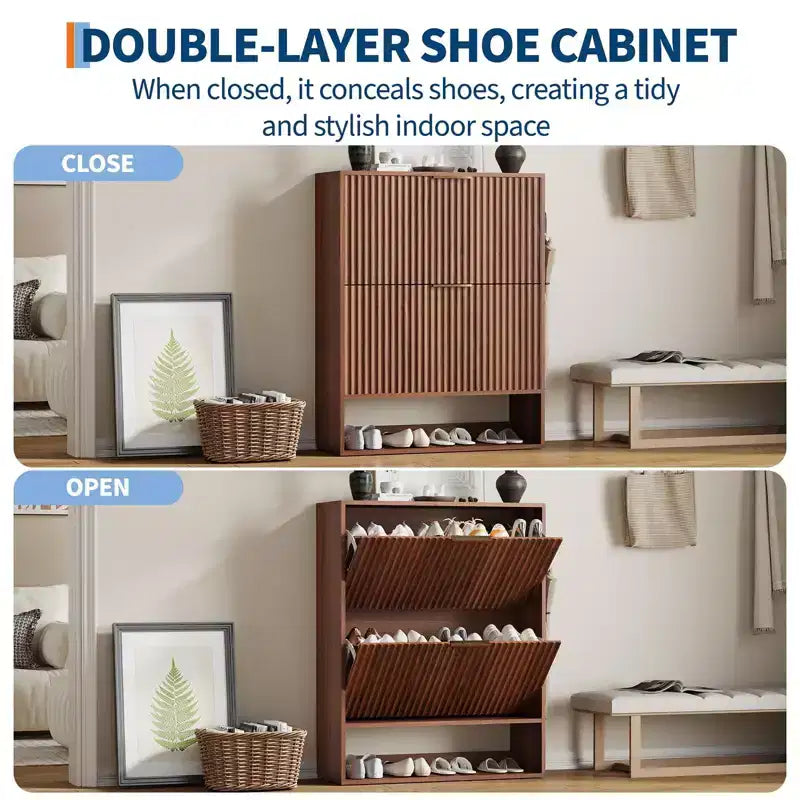 Schmaler Schuhschrank mit Rillenoptik, 2 Klappschubladen und unterem Ablagefach, versteckter Stauraum für Eingangsbereich, Flur und Kleiderschrank - freistehendes Schuhregal
