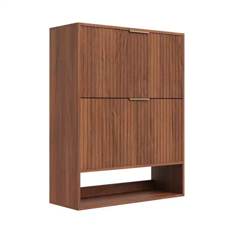 Schmaler Schuhschrank mit Rillenoptik, 2 Klappschubladen und unterem Ablagefach, versteckter Stauraum für Eingangsbereich, Flur und Kleiderschrank - freistehendes Schuhregal