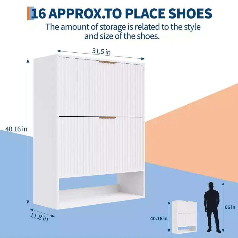 Schmaler Schuhschrank mit Rillenoptik, 2 Klappschubladen und unterem Ablagefach, versteckter Stauraum für Eingangsbereich, Flur und Kleiderschrank - freistehendes Schuhregal