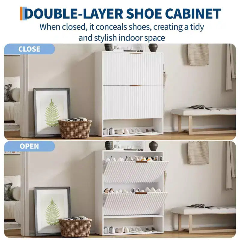 Schmaler Schuhschrank mit Rillenoptik, 2 Klappschubladen und unterem Ablagefach, versteckter Stauraum für Eingangsbereich, Flur und Kleiderschrank - freistehendes Schuhregal