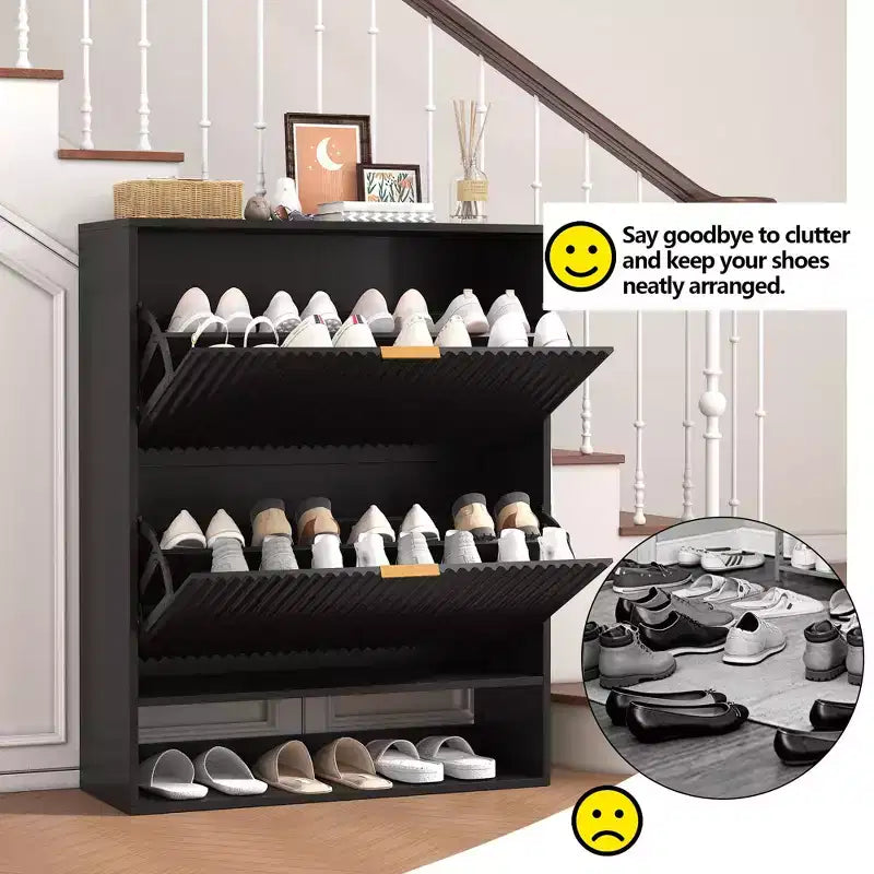 Schmaler Schuhschrank mit Rillenoptik, 2 Klappschubladen und unterem Ablagefach, versteckter Stauraum für Eingangsbereich, Flur und Kleiderschrank - freistehendes Schuhregal