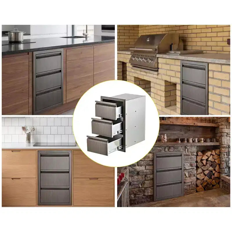 Tiroirs pour cuisine extérieure, triple tiroir encastrable en acier inoxydable de 14 W x 24 H x 18 D, tiroirs de barbecue pour îlot de cuisine extérieure