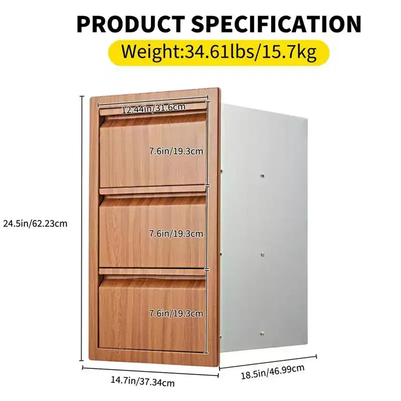 Tiroirs pour cuisine extérieure, triple tiroir encastrable en acier inoxydable de 14 W x 24 H x 18 D, tiroirs de barbecue pour îlot de cuisine extérieure