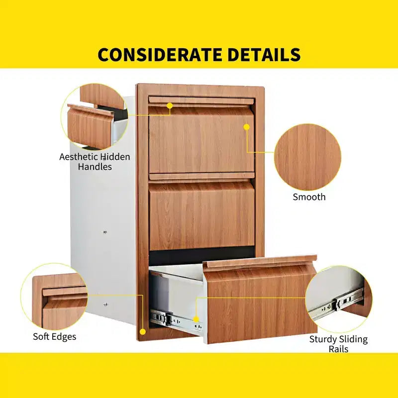 Tiroirs pour cuisine extérieure, triple tiroir encastrable en acier inoxydable de 14 W x 24 H x 18 D, tiroirs de barbecue pour îlot de cuisine extérieure