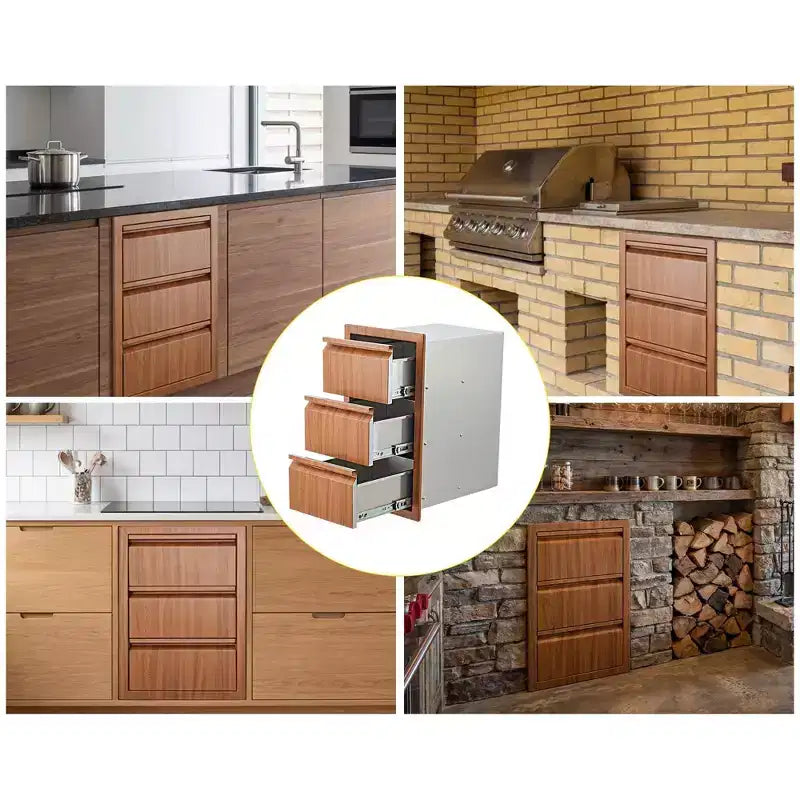 Tiroirs pour cuisine extérieure, triple tiroir encastrable en acier inoxydable de 14 W x 24 H x 18 D, tiroirs de barbecue pour îlot de cuisine extérieure