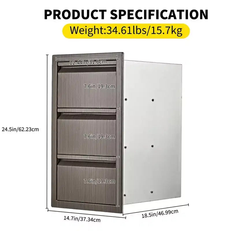 Tiroirs pour cuisine extérieure, triple tiroir encastrable en acier inoxydable de 14 W x 24 H x 18 D, tiroirs de barbecue pour îlot de cuisine extérieure