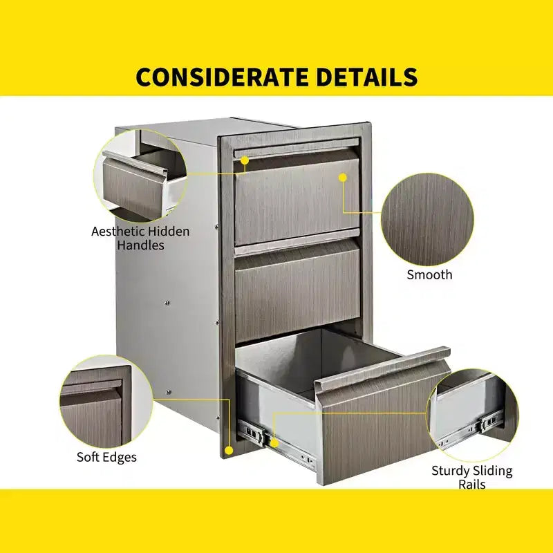 Tiroirs pour cuisine extérieure, triple tiroir encastrable en acier inoxydable de 14 W x 24 H x 18 D, tiroirs de barbecue pour îlot de cuisine extérieure