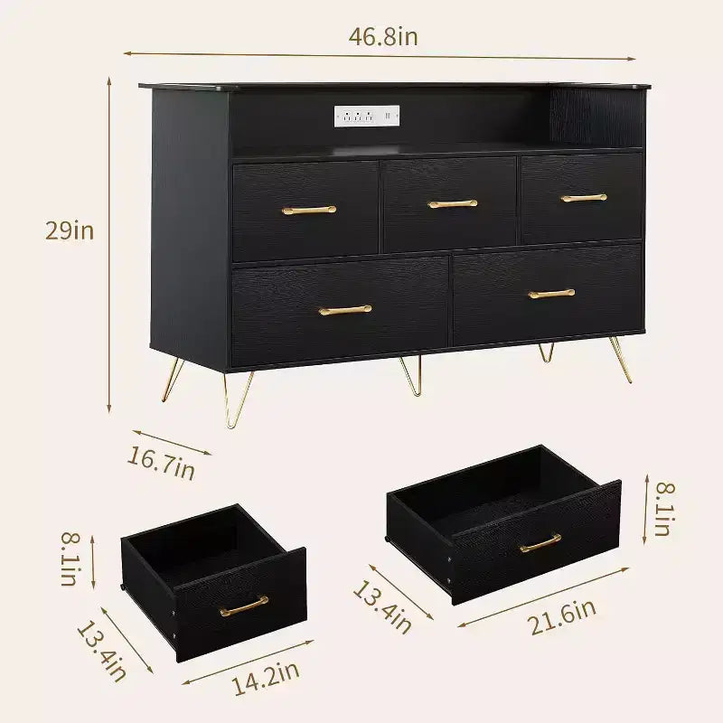 Cómoda con LED y estación de carga - moderna, de madera, con 5 cajones y 47 de ancho; organizador de almacenamiento para dormitorio, cuarto infantil, recibidor y apartamentos