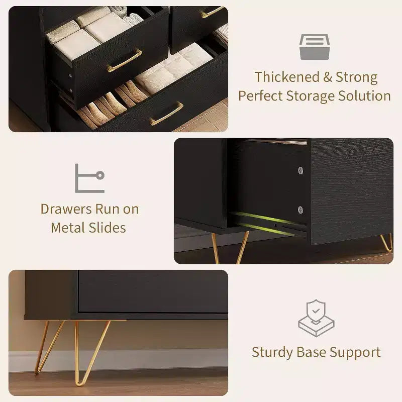 Cómoda con LED y estación de carga - moderna, de madera, con 5 cajones y 47 de ancho; organizador de almacenamiento para dormitorio, cuarto infantil, recibidor y apartamentos