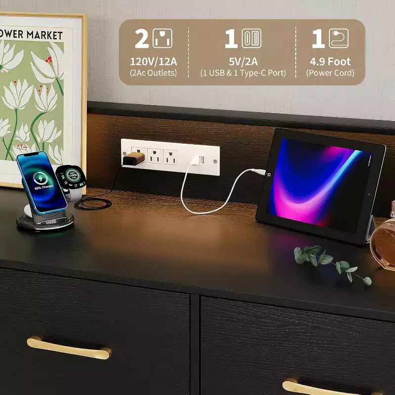 Cómoda con LED y estación de carga - moderna, de madera, con 5 cajones y 47 de ancho; organizador de almacenamiento para dormitorio, cuarto infantil, recibidor y apartamentos