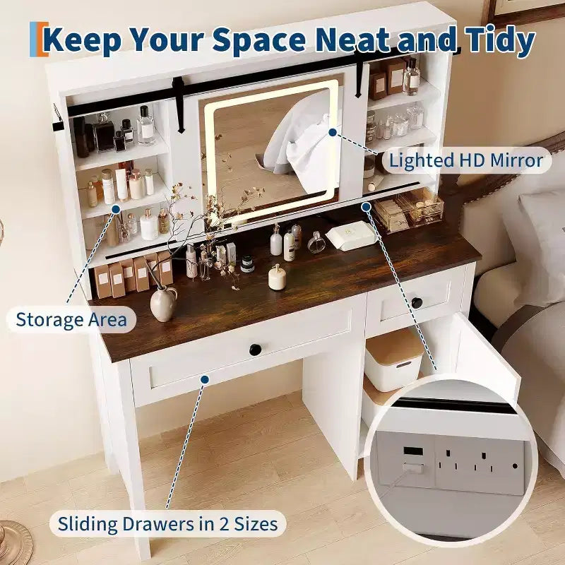 Coiffeuse avec miroir éclairé à LED, table de maquillage avec station de recharge, tiroirs et tabouret de rangement, coiffeuse moderne blanche pour chambre
