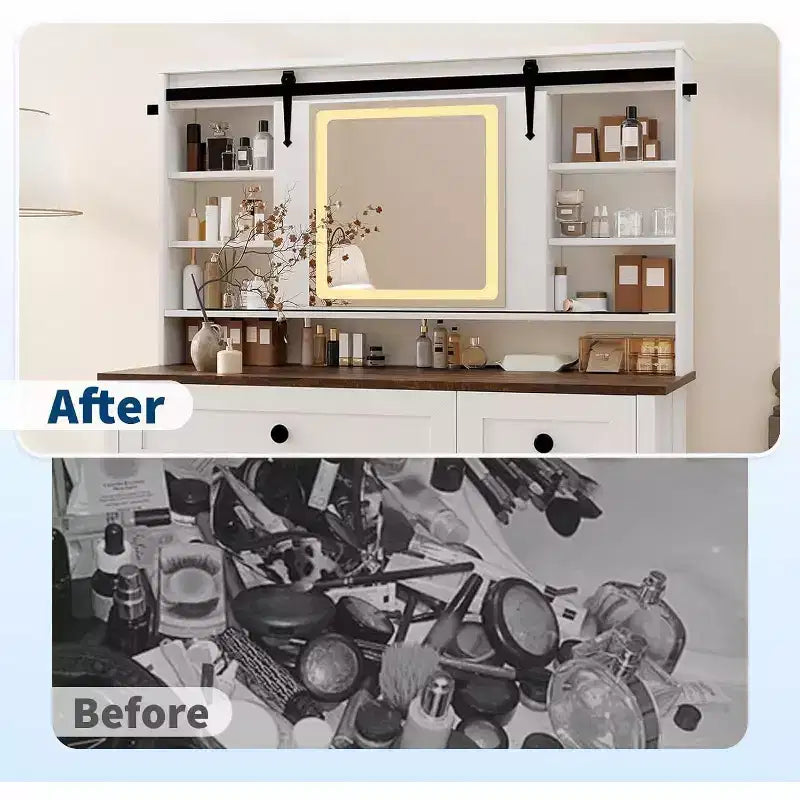 Coiffeuse avec miroir éclairé à LED, table de maquillage avec station de recharge, tiroirs et tabouret de rangement, coiffeuse moderne blanche pour chambre
