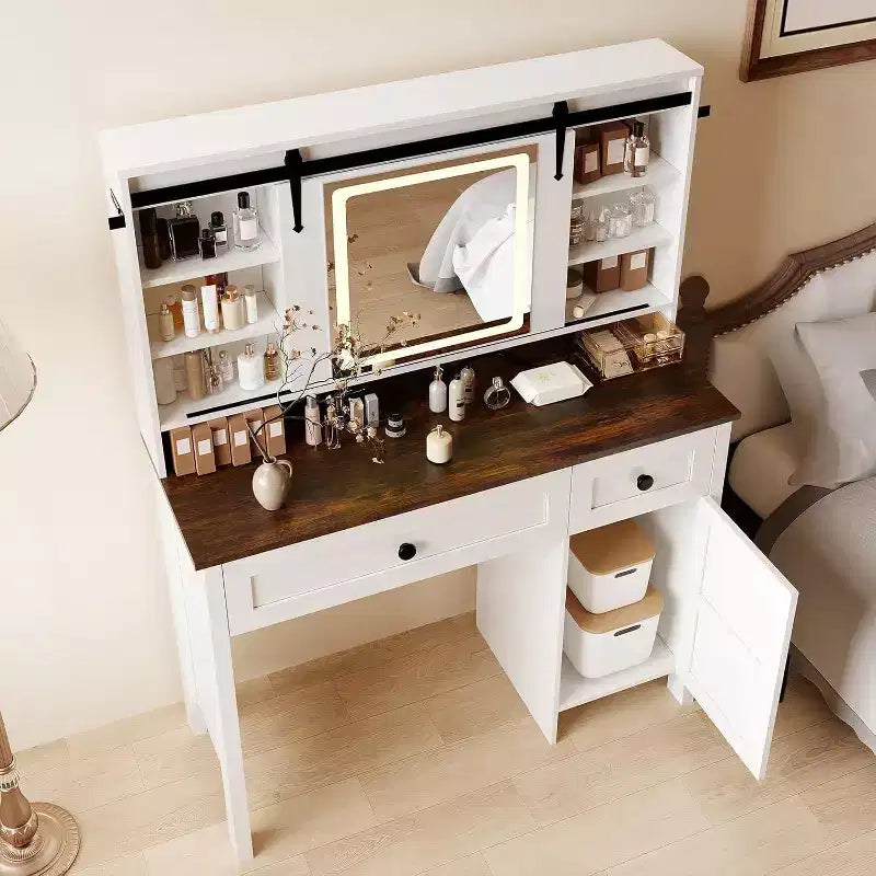 Coiffeuse avec miroir éclairé à LED, table de maquillage avec station de recharge, tiroirs et tabouret de rangement, coiffeuse moderne blanche pour chambre