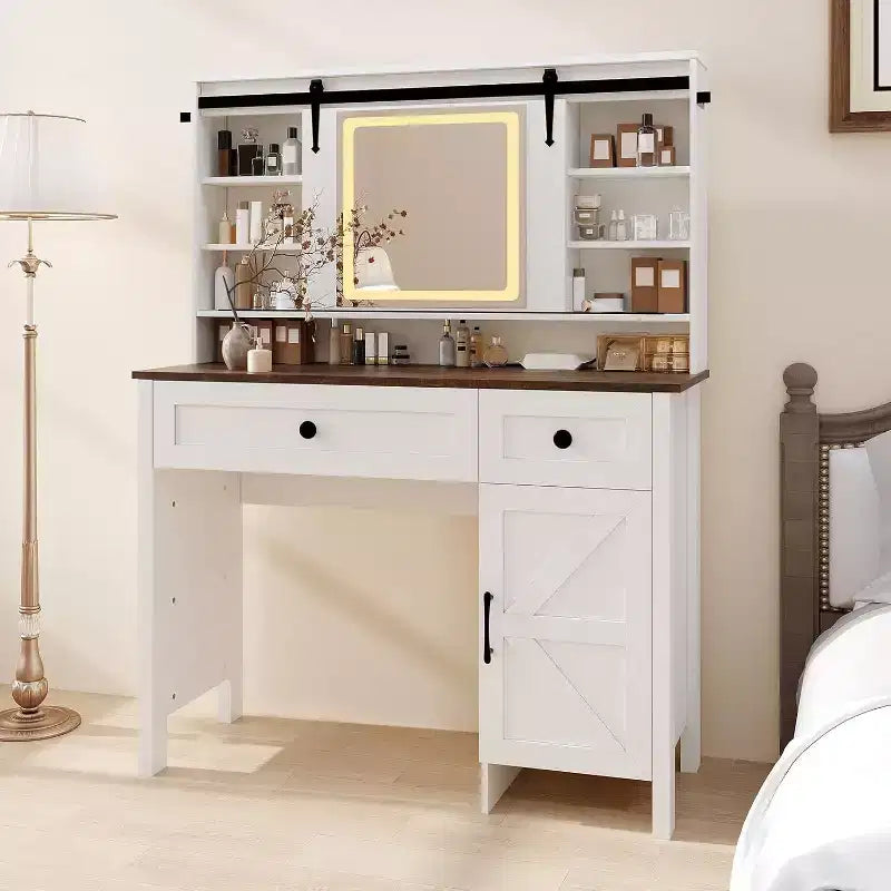 Coiffeuse avec miroir éclairé à LED, table de maquillage avec station de recharge, tiroirs et tabouret de rangement, coiffeuse moderne blanche pour chambre